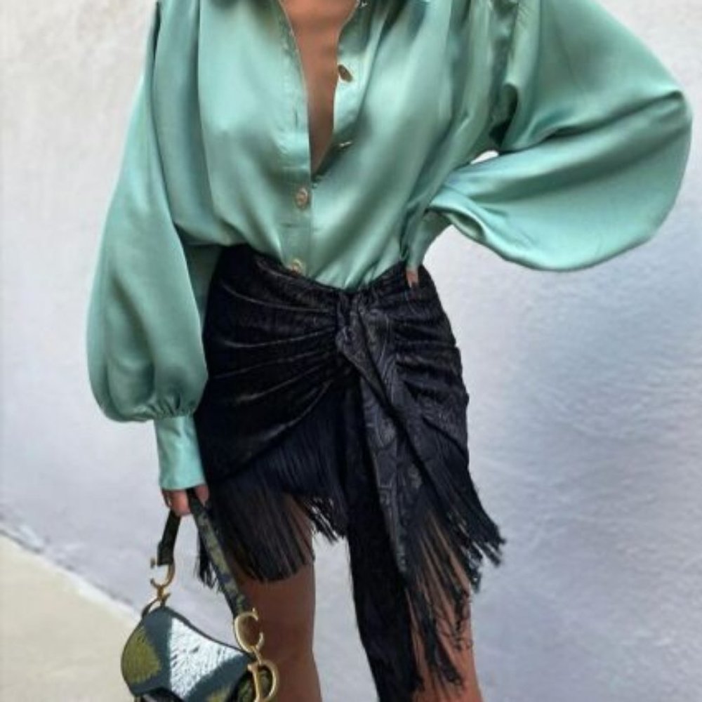 Brand New ZARA mini black wrap pattern with fringes